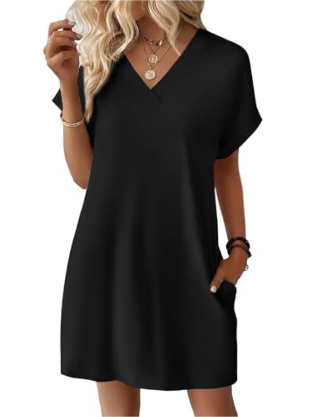 Casual T-Shirt Dress with Pockets V-Neck Swing Short Sleeve Lightweight Summer